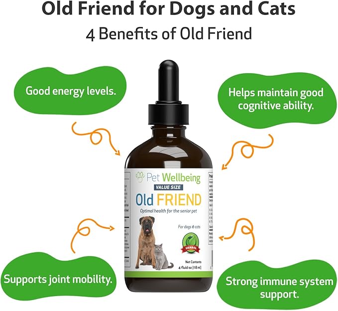 Pet Wellbeing Old Friend for Senior Dogs & Cats- Supports Immune System Health, Joint Mobility, Healthy Energy Levels, Alfalfa, Reishi - Veterinarian-Formulated Herbal Supplement 4 oz (118 ml)
