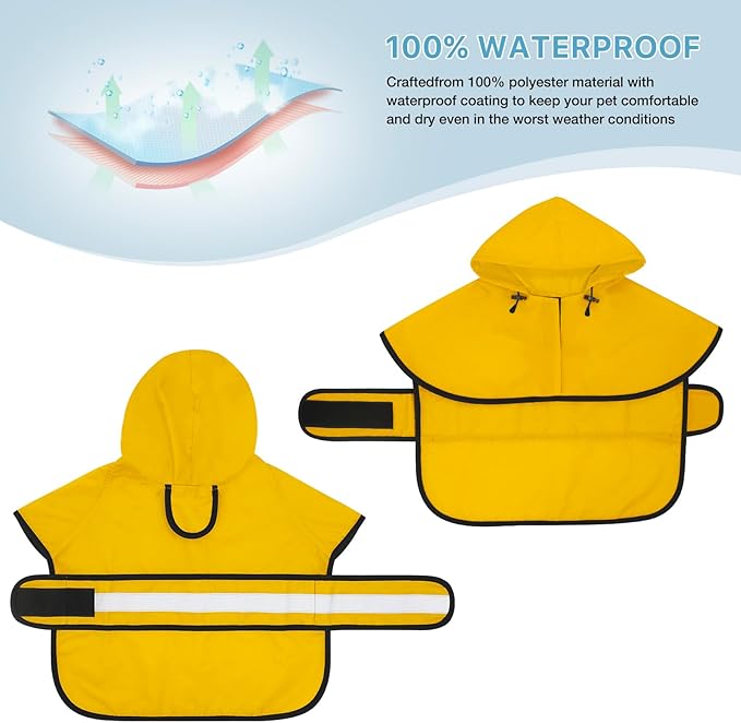 Fashion Hooded Dog Raincoat with Leash Hole- Reflective Dog Rain Jacket Adjustable Doggy Raincoats Lightweight Pet Rain Coat for Dogs (XX-Large, Yellow)