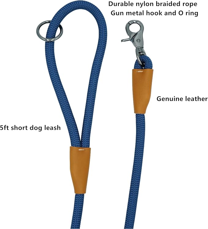 5FT Nylon Rope Dog Leash, Short Leash for Training Small Medium Large Dogs (Navy Blue, 5FTx10MM)
