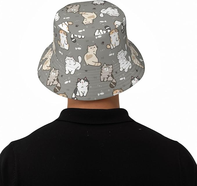Cute Cat Print Bucket Hat Fisherman Hat Beach Travel Sun Hat Outdoor Cat Cap for Men Women