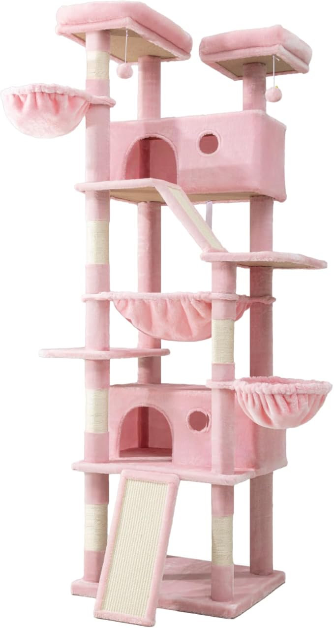 SHA CERLIN 81in Multi-Level Tall Cat Tree Tower for Indoor Kitties/Larger Cat Condo Furniture with Hammock/Cozy Pussycat Perches/Sisal Scratching Posts/Pet House/Wide Base/Pink