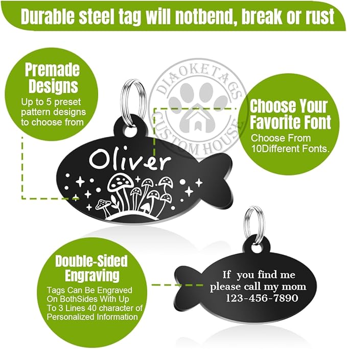 Stainless Steel Cat ID Tag Personalized Pet Tags with up to 4 Lines of Custom Text, Small Pet Mini Dog Cat Tag Lightweight, Engraved on Both Sides, Multiple Patterns Colors Size Options (Oasis)