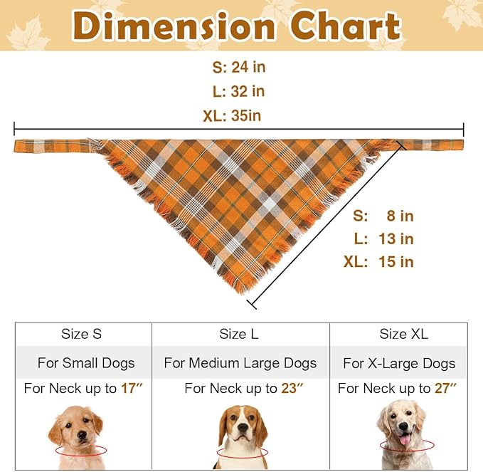 Kytely 2 Pack Fall Dog Bandanas X-Large Thanksgiving Dog Bandana Orange Plaid Pet Scarf for Boy and Girl Triangle Bibs for Large XL Dogs