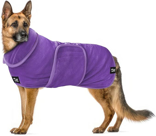 Tuff Pupper Fast Drying Dog Bath Robe | 800 GSM Plush Dog Towel Bathrobe/Dressing Gown | Super Absorbent Pet/Puppy Bathrobe | Adjustable Hood & Belly Strap | Super Soft | Fast Drying (XXXL, Purple)