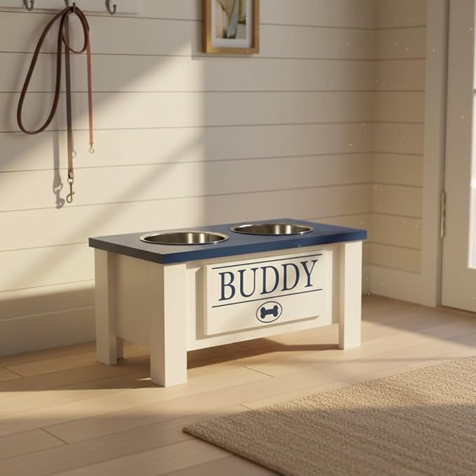 GrooveThis Woodshop - Personalized Elevated Dog Bowl Stand for Large, Medium, Small, X-Small Dogs - Stainless Steel Food and Water Bowls - Raised Dog Dish with Internal Storage (Medium, Blue)