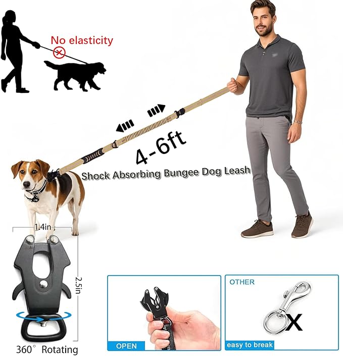 Heavy Duty Tactical Dog Leash, 4-6FT Shock Absorbing Tactical Leash with 2 Padded Handles, Metal Carabiner Clip,Car Seatbelt, Reflective Heavy Duty Leashes for Medium Large Dogs (Brown)