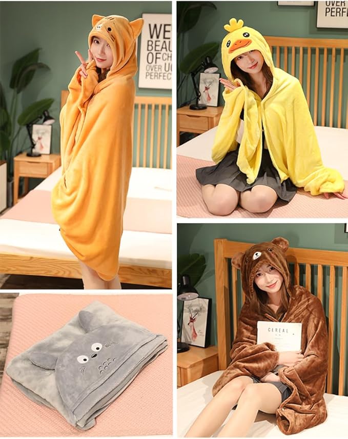 Cute Wearable Blanket Soft Cape for Adult Women Men Warm Cozy Hoodie Cute Animal Bear Cat Bunny Carpet Home