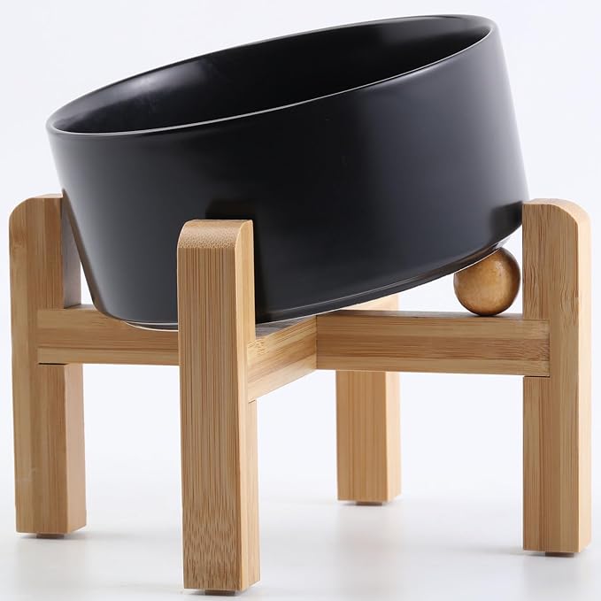 Petygooing Black Raised/Elevated 15°Slanted Ceramic Dog Bowl for Small Breeds,Tilted Anti Slip Pet Feeding Bowl,Food Water Dish with Stand for Cats and Small Dogs Puppy 13.5 OZ (5.1In / 1.7 Cups)