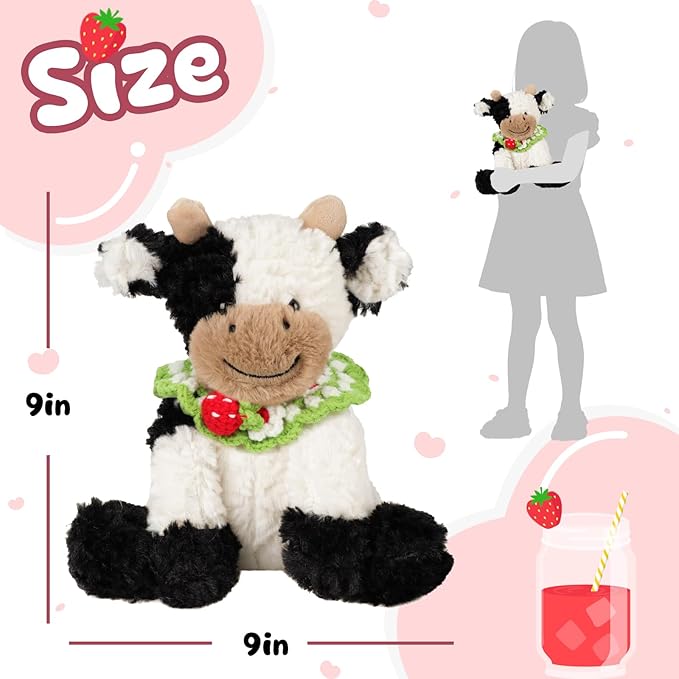 Hopearl Adorable Plush Cow Toy with Knitted Cute Strawberry Bib Floppy Dairy Cattle Soft Stuffed Animal Gifts for Boys Girls Kids Toddlers, 9''
