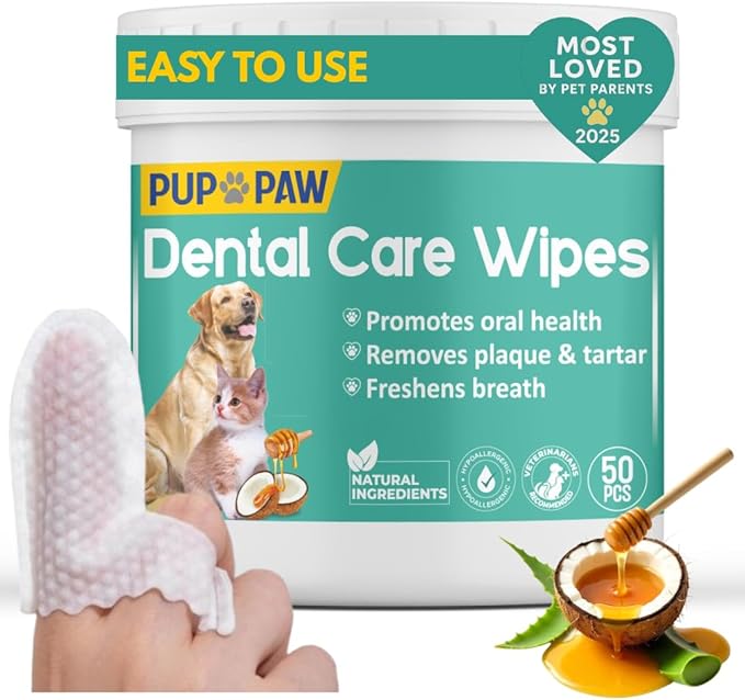 Premium Dog Teeth Cleaning Wipes - All Natural Dog Toothbrush & Tooth Brushing Kit - Pet Dental Finger Wipes for Cats & Dogs - Freshens Breath, Reduces Tartar & Plaque - All in one Finger Wipes (50)
