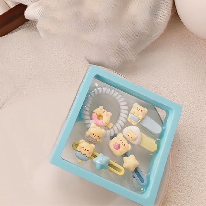 Hair Clips for Women, Acrylic Resin Hair Accessories set with Hairbands Colored Hair Ties, Flower, Rainbow, Little Bear Clips Cute pattern for Birthday Prom Cosplay Party (yellow Little Bear Doughnut)