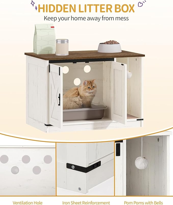 Cat Litter Box Enclosure, Hidden Litter Box Cabinet Furniture with Bell, Indoor Cats House, Farmhouse Style, 31.5 x 19.7 x 20.9Inches, for Hallway, Bedroom, Rustic Brown and White CB82414X