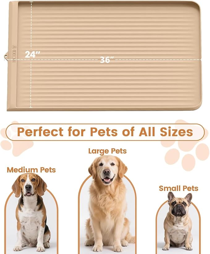 Dog Food Mat 36"x24", Waterproof Pet Feeding Mat with Diversion Grooves and Raised Edges, Large Non-Slip Dog Bowl Mat for Food and Water, Cat Food Mat for Floors, Easy to Clean, Khaki