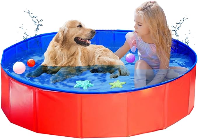 Foldable Pet Dog Kids Swimming Pool(40'' x 12''),Plastic Anti-Slip PVC Bathing Tub Swimming Pool Durable Fiberboard Kiddie Pool Red