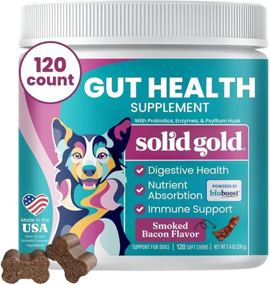 Solid Gold Dog Probiotics for Digestive Health - Probiotics for Dogs with Fiber & Digestive Enzymes for Bowel Support & Gut Health - Bacon Flavor Soft Chews to Support Digestion for All Ages - 120ct