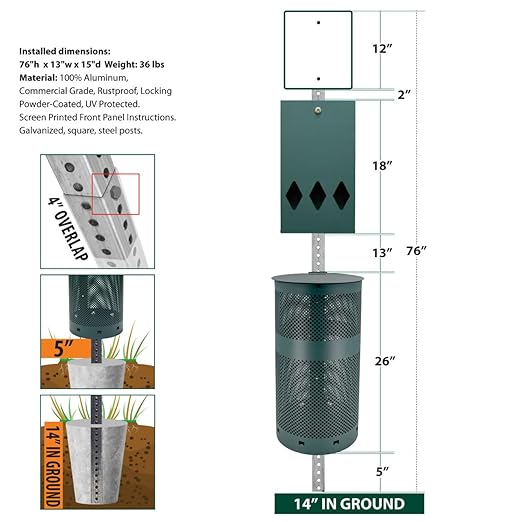 ZERO WASTE USA - NEW 2025 Model - Rust Proof Aluminum Dog Waste Station for Roll Bags - Free 400 Waste Bags & 25 can Liners - Over 500k Sold in USA (Matte Green)