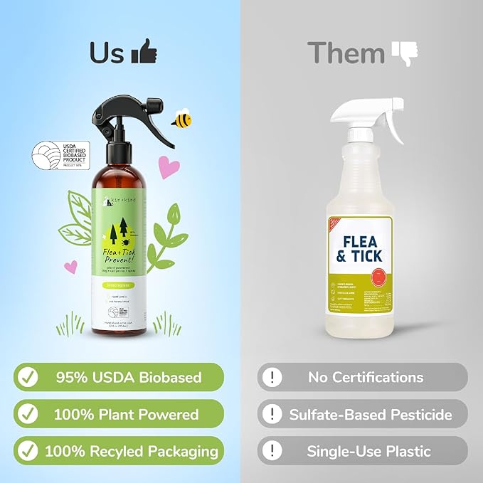 kin+kind Plant Based Flea and Tick Spray for Dogs and Cats – Essential Oil Formula with Lemongrass – Flea and Tick Prevention for Cats, Kittens, Puppies & Dogs - Pet Supplies - Family Safe – 12 fl oz