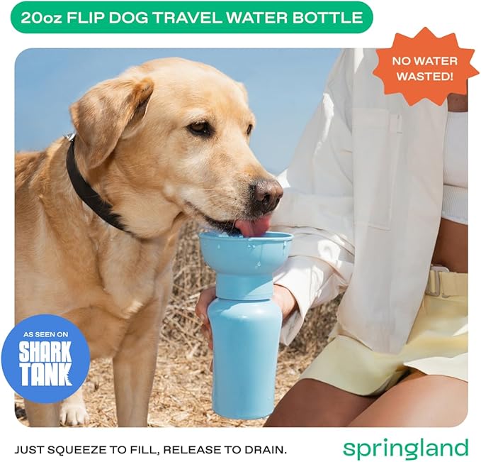 Springer by Springland Flip Portable Dog Water Bottle with Foldable Food Grade Silicone Bowl - 20 Ounce Travel Dog Water Bottle Ideal for Camping - Easy Squeeze Hydration & Release to Drain