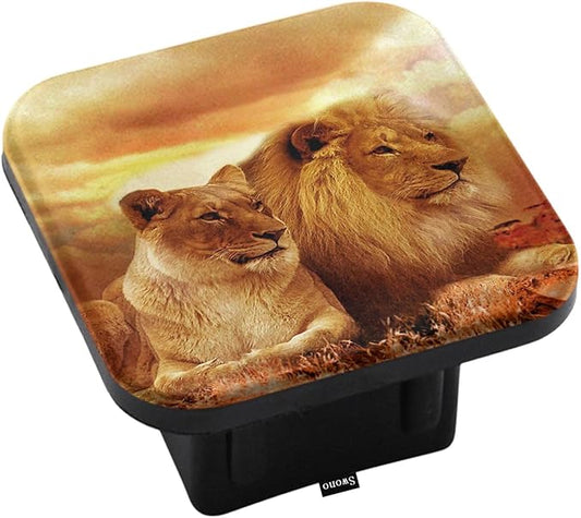 Swono 2" Hitch Cover Lions, African King Lions Resting Sunset Grass Trailer Hitch Cover Tube Plug Cap, Rubber Receiver Tube Hitch Plug for Most Vehicles
