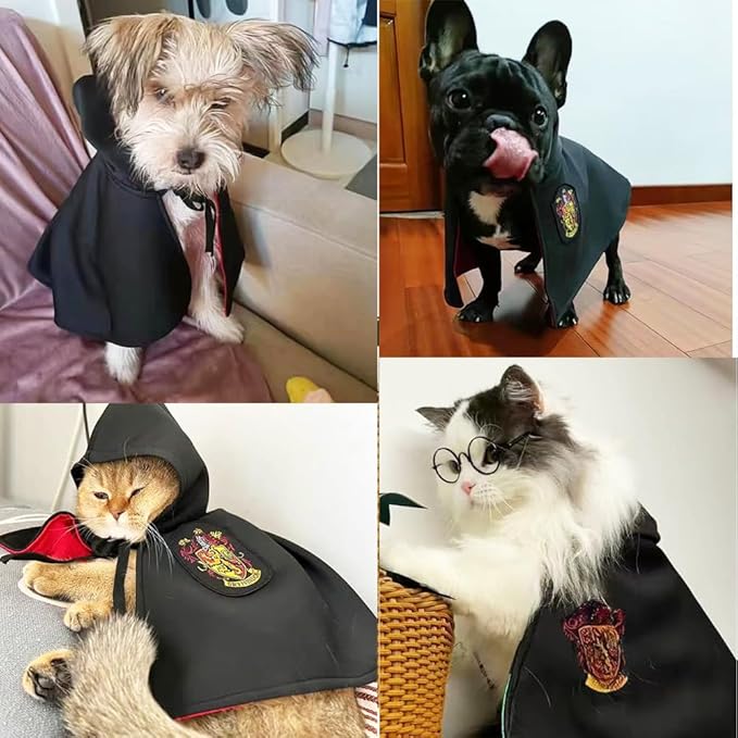 ANIAC 3PCS Halloween Dog Costume Cat Wizard Cape Glasses and Necktie Set Halloween Puppy Outfit Pet Academy Academy Magician Cosplay Apparel for Kitten Cat Small Dogs (Black+Red, Medium)