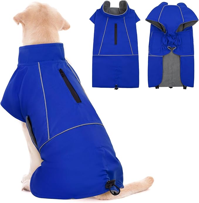 ROZKITCH Dog Coats for Large Dogs, Waterproof Raincoat Jacket Windproof Dog Rain Jacket with Fleece Liner & Leash Hole Elastic Bands for Large, Adjustable Belly Vest for Outdoor Hike Travel Blue 2XL
