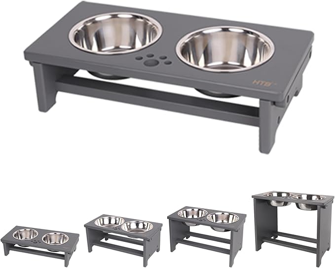 HTB Elevated Dog Bowls, Raised Dog Bowl Stand with 2 Stainless Steel Bowls, Elevated Raised Pets Bowls for Large Medium Small Sized Dogs- Grey Small