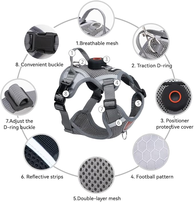 Cat Harness and Leash Set with AirTag Holder: Upgraded Escape Proof Vest with Lead for Small Dog Puppy Large Cat Walking，Soft Breathable Mesh Coat with Reflective Strip (Grey, L)