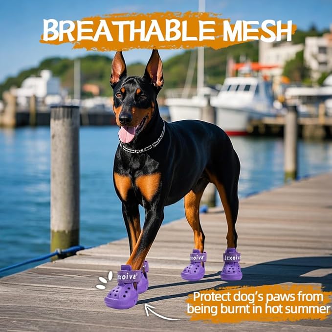 JZXOIVA Dog Shoes for Hot Pavement, Dog Booties for Small Dogs, Breathable Dog Boots & Paw Protectors, Adjustable Non-Slip Rain Booties, Waterproof Pets Sandals for Beach Purple Size 2