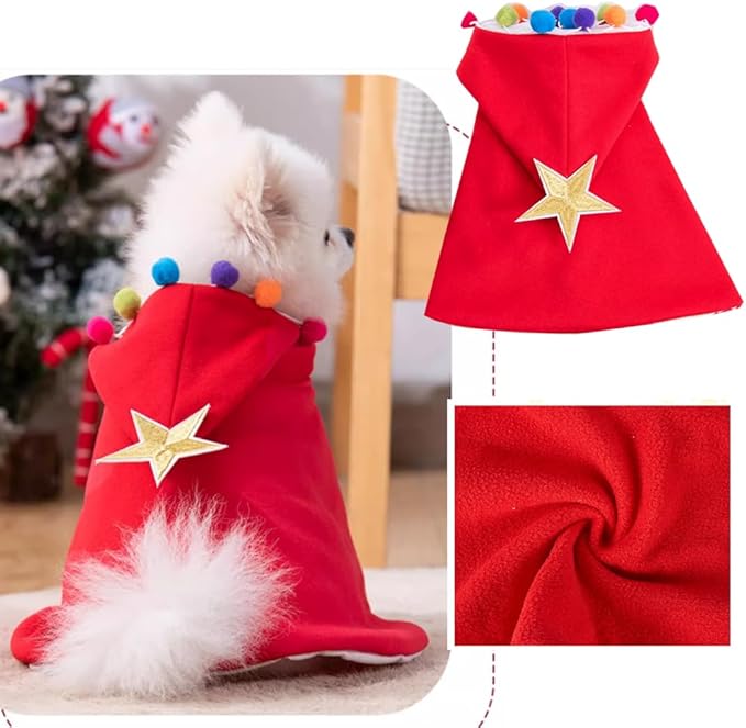 ANIAC Pet Dog Christmas Costume Puppy Xmas Cloak with Star and Pompoms Cat Santa Cape with Santa Hat Red Doggy Outfit Winter Cat Clothes for Kitten and Small to Medium Sized Dog (Medium, Red)