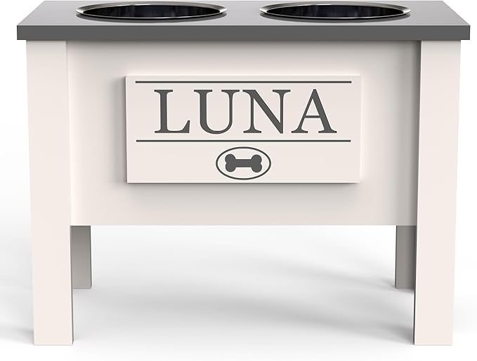 GrooveThis Woodshop - Personalized Elevated Dog Bowl Stand for Large, Medium, Small, X-Small Dogs - Stainless Steel Food and Water Bowls - Raised Dog Dish (X-Large, Grey)