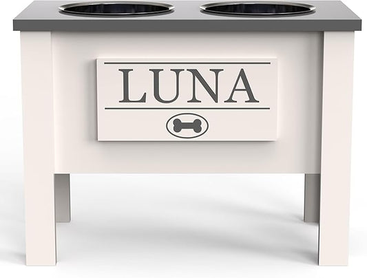 GrooveThis Woodshop - Personalized Elevated Dog Bowl Stand for Large, Medium, Small, X-Small Dogs - Stainless Steel Food and Water Bowls - Raised Dog Dish (X-Large, Grey)