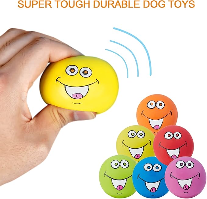 Squeaky Dog Toys Chewing Durable Teething Latex Rubber Soft Interactive Fetch Play Dog Balls with Funny Smile Face for Puppy Small Medium Pet Dog (6PCS)