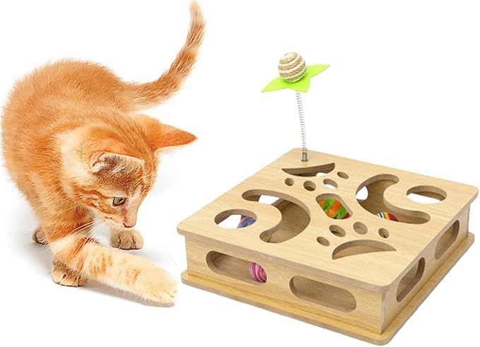 Interactive Wooden Cat Puzzle Toy Box Indoor Hunting Play Toy to Stimulate Your Cat’s Energy and Instincts (Burlywood)