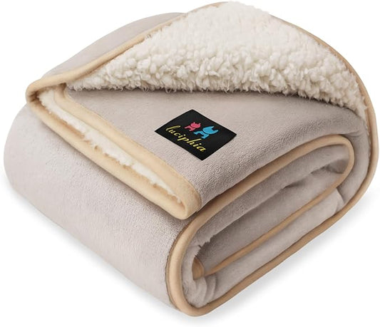 Luciphia Waterproof Pet Blanket, Liquid Pee Proof Dog Blanket for Sofa Bed Couch, Reversible Sherpa Fleece Furniture Protector Cover for Small Medium Large Dogs Cats, Khaki+Beige Small（40" x 28"）