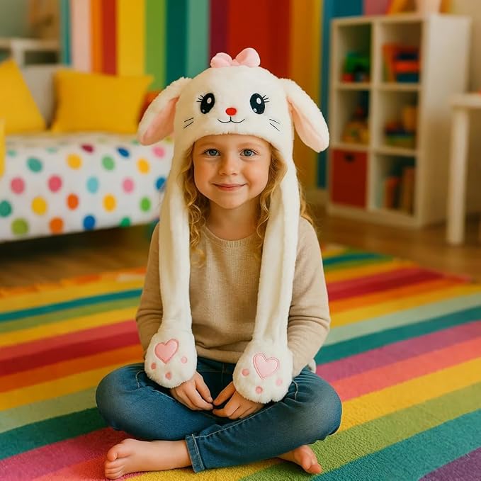 Animal Hat with Ears Moving Jumping Pop Up Beating Hat Plush Holiday Cosplay Dress Up Funny Gift for Kids