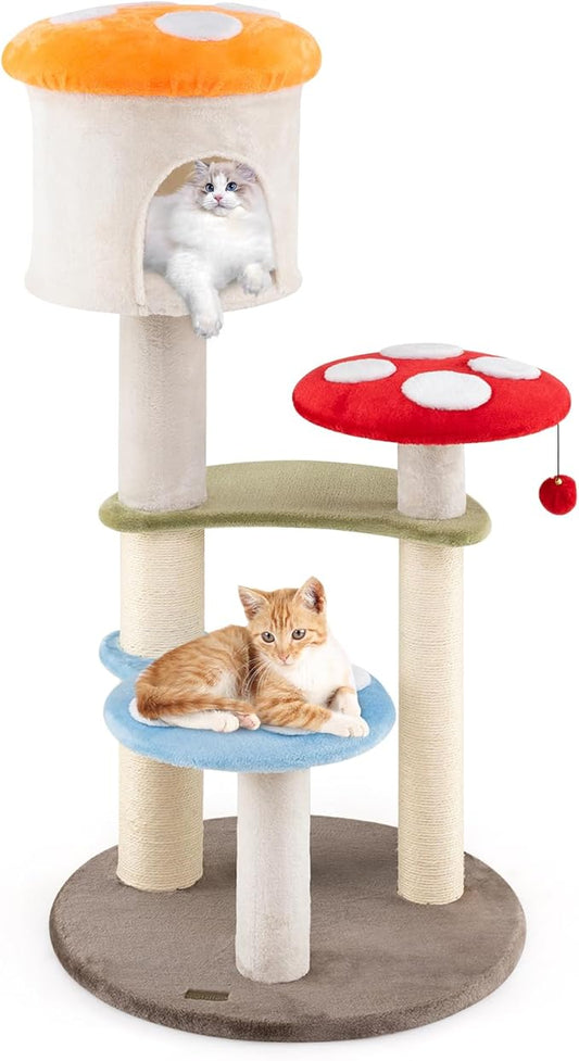 PETSITE Mushroom Cat Tree, Multi-Level Cute Cat Tree Tower with Sisal Scratching Posts, Cat Condo, Soft Plush Perches, and Dangling Toys for Indoor Cats (48 Inch)