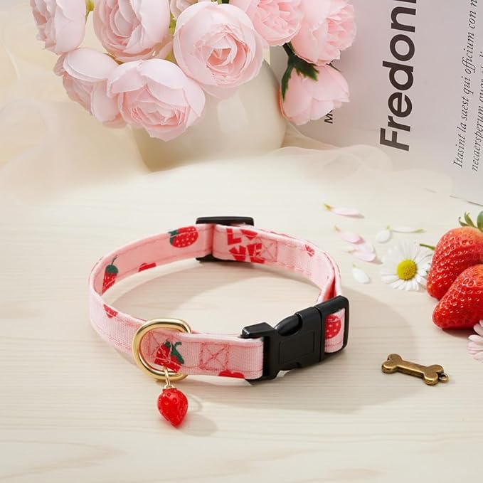 Cute Cotton Dog Collar for Small Medium Large Dogs Special Design with Cute Pink Strawberries Pendant Necklace for Girl Boy Male Female Dogs Pet Collar Soft Fabric Adjustable Puppy Collars Red - L