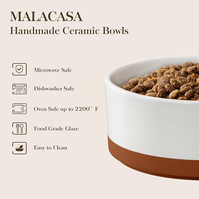 MALACASA Ceramic Dog Bowls, Dog Bowls for Medium Sized Dogs with Wood Stand - Pet Food & Water Bowl Set for Cat Medium Dogs, Weighted Glaze Matte.34 OZ (M-3.5 Cups)