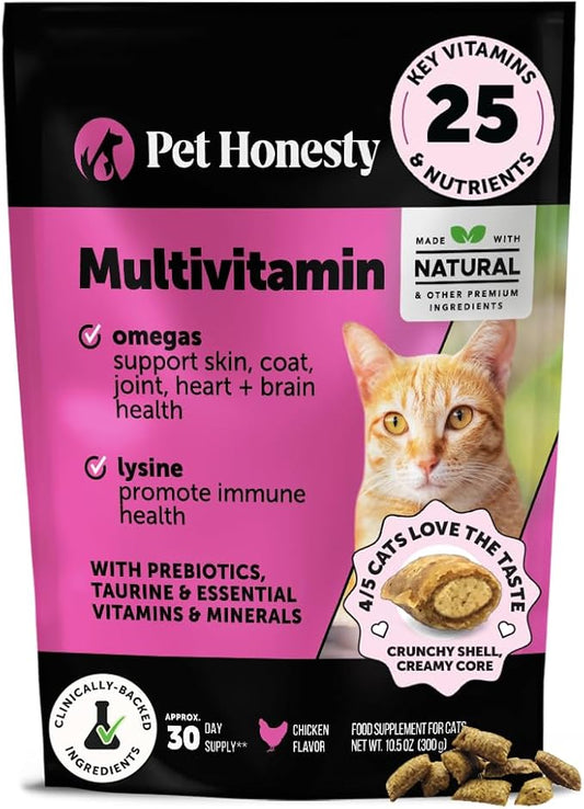 Cat Multivitamin Crunchy & Creamy Chews - Cat Treats for Health + Immune, Joint Support, Skin & Coat, & Digestion - Vitamins with Omega 3s, Lysine & Probiotics (30 Day Supply)