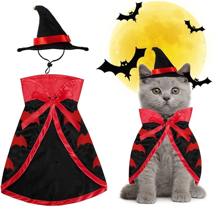 Pet Halloween Costumes Dogs Cats Halloween Vampire Pets Costume Cape with Black Red Witch Hat Wizard Cats Cosplay Clothes Apparel for Small Dogs Cats Halloween Party Decorations