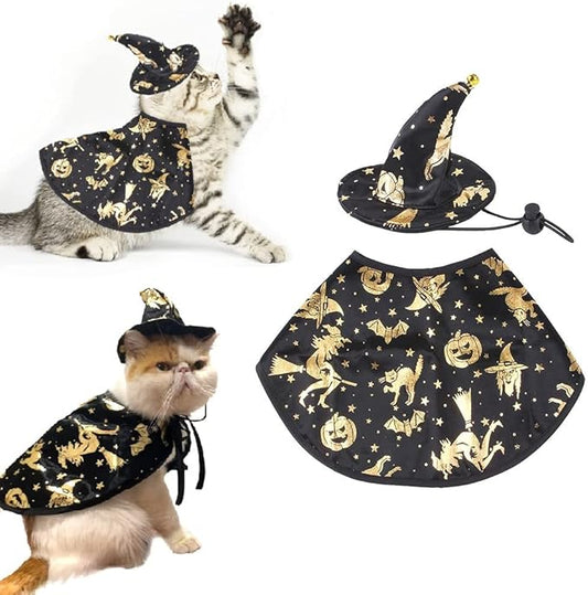 Pet Halloween Costumes Dogs Cats Halloween Witch Pet Costume Cape Hat Halloween Vampire Cloak Wizard Cats Cosplay Clothes Apparel for Small Dogs Cats Halloween Party Decorations