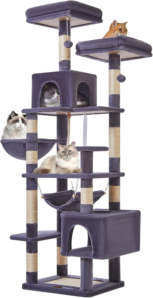 Taoqimiao Cat Tree, 71-Inch Cat Tree Cat Tower for Indoor Cats, Plush Multi-Level Cat Condo with 10 Scratching Posts, 2 Perches,Basket, 2 Caves,Hammock, 2 Pompoms,MS020G Beige Smoky Gray