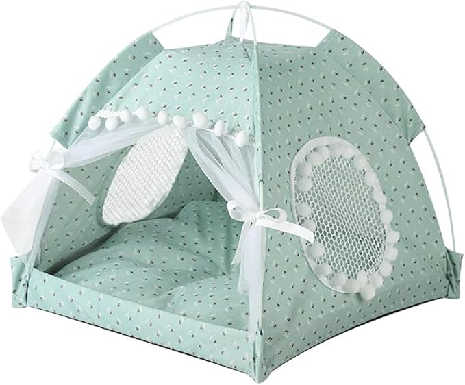Cat Bed Tents Dog House Indoor Outdoor Lace Mesh Breathable Windows Door Curtains Removable Portable Nest Teepe House (Medium,Mint&White)