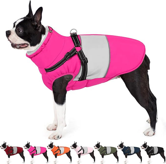AOFITEE Dog Coat, Waterproof Dog Jacket Winter, Dogs Coat with Harness Built in, Warm Dogs Puffer Jacket with Zipper, Reflective Pet Snowsuit Sweater for Dachshund, French Bulldog, Boston Terrier, M