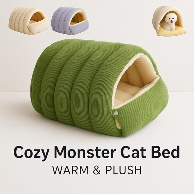 Cozy Monster Cat Bed,Soft and Warm Cats House Tent Beds,Non-Slip Removable Washable for Cats and Small Dogs (Warm Apricot,Large)