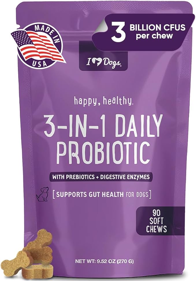 iHeartDogs 3-in-1 Probiotic for Dogs with Pumpkin for Improved Digestion & Gut Health - Dog Probiotics and Digestive Enzymes, 90 Count
