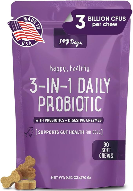 iHeartDogs 3-in-1 Probiotic for Dogs with Pumpkin for Improved Digestion & Gut Health - Dog Probiotics and Digestive Enzymes, 90 Count