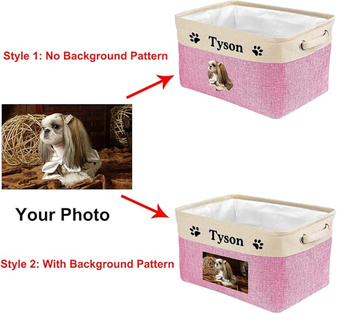 Custom Dog Basket for Toys Collapsible Storage Bin Grey Brow Pink Purple Blue Rectangular Pet Storage Organizer Box with Handles Medium Customized Name & Photo