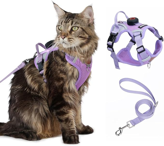 Cat Harness and Leash Set with AirTag Holder: Upgraded Escape Proof Vest with Lead for Small Dog Puppy Large Cat Walking，Soft Breathable Mesh Coat with Reflective Strip (Purple, M)