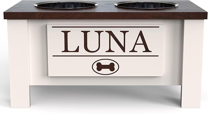 GrooveThis Woodshop - Personalized Elevated Dog Bowl Stand for Large, Medium, Small, X-Small Dogs - Stainless Steel Food and Water Bowls - Raised Dog Dish with Internal Storage (Medium, Dark Walnut)